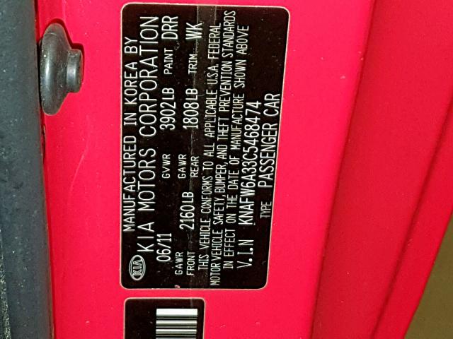 KNAFW6A33C5468474 - 2012 KIA FORTE SX RED photo 10