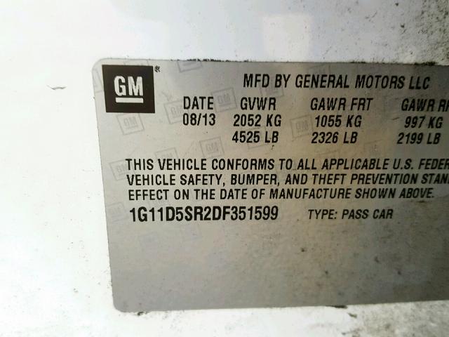 1G11D5SR2DF351599 - 2013 CHEVROLET MALIBU 1LT WHITE photo 10