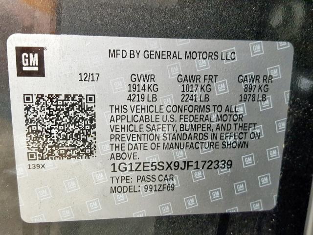 1G1ZE5SX9JF172339 - 2018 CHEVROLET MALIBU PRE CHARCOAL photo 10