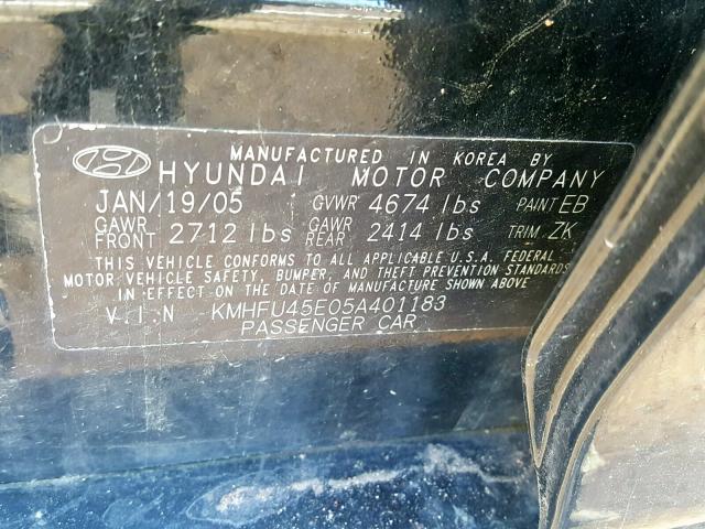 KMHFU45E05A401183 - 2005 HYUNDAI XG 350 BLACK photo 10