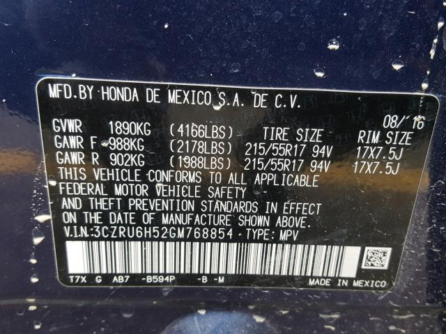 3CZRU6H52GM768854 - 2016 HONDA HR-V EX BLUE photo 10