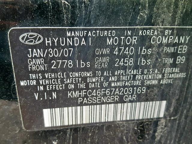 KMHFC46F67A203169 - 2007 HYUNDAI AZERA SE BLACK photo 10