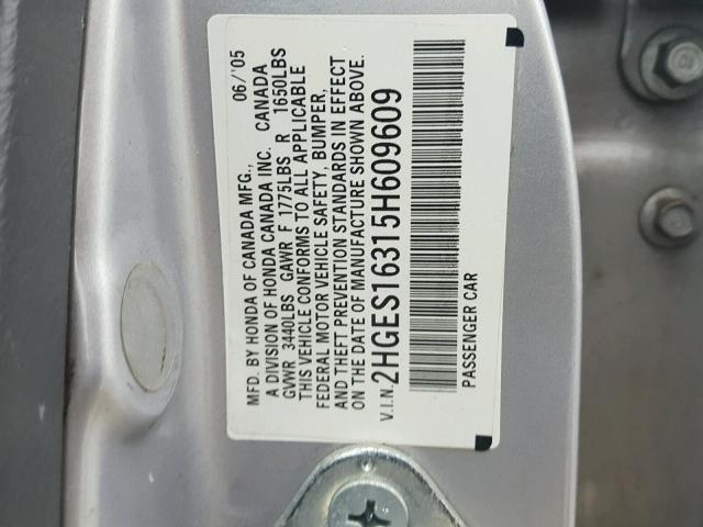 2HGES16315H609609 - 2005 HONDA CIVIC DX V SILVER photo 10