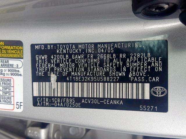 4T1BE32K95U588227 - 2005 TOYOTA CAMRY LE  photo 10