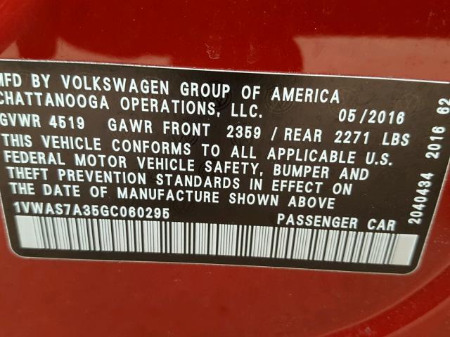 1VWAS7A35GC060295 - 2016 VOLKSWAGEN PASSAT S RED photo 10