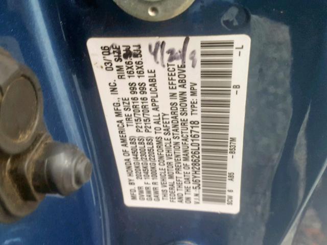 5J6YH28626L016718 - 2006 HONDA ELEMENT EX BLUE photo 10