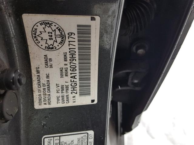 2HGFA16079H017179 - 2009 HONDA CIVIC EXL GRAY photo 10