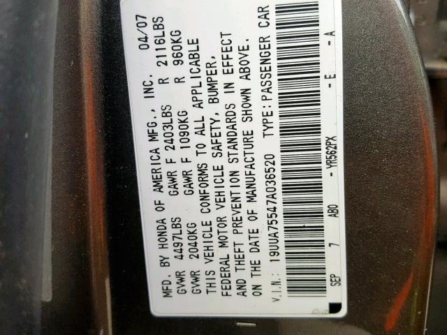 19UUA75547A036520 - 2007 ACURA TL TYPE S BROWN photo 10