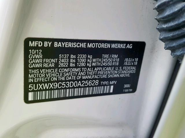 5UXWX9C53D0A25628 - 2013 BMW X3 XDRIVE2 WHITE photo 10