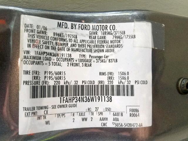 1FAHP34N36W191138 - 2006 FORD FOCUS ZX4 CHARCOAL photo 10