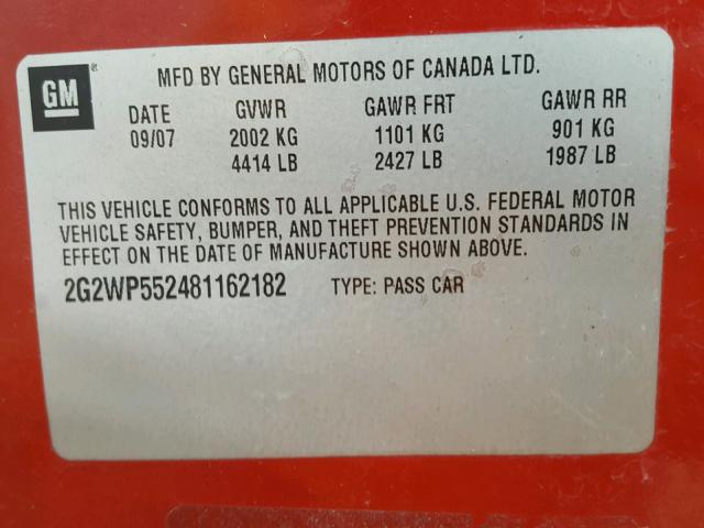 2G2WP552481162182 - 2008 PONTIAC GRAND PRIX RED photo 10