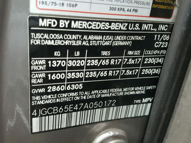 4JGCB65E47A050172 - 2007 MERCEDES-BENZ R 350 GRAY photo 10