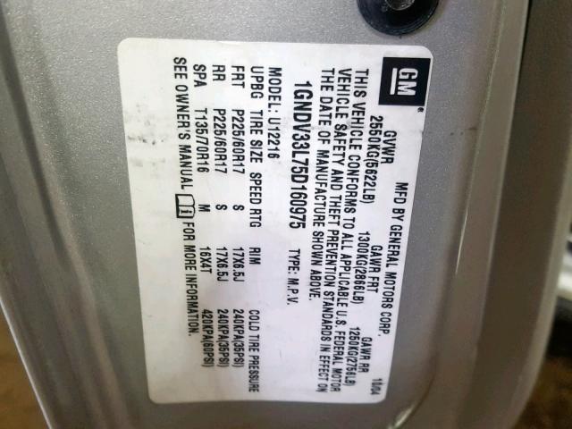 1GNDV33L75D160975 - 2005 CHEVROLET UPLANDER L Gümüş foto 10