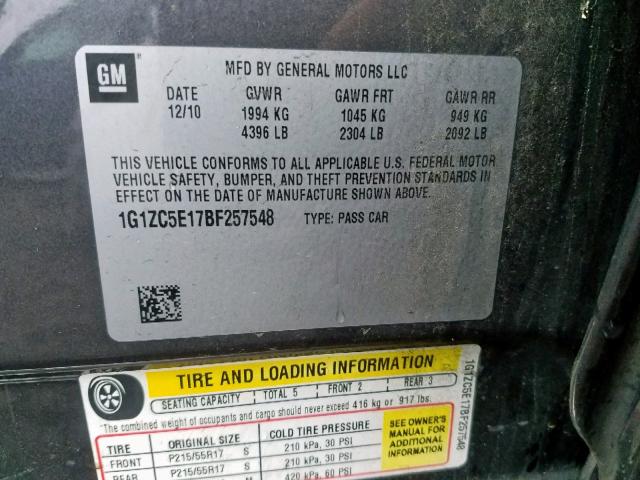 1G1ZC5E17BF257548 - 2011 CHEVROLET MALIBU 1LT 石墨色 照片 10