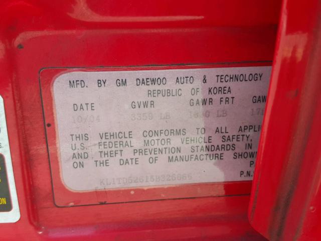 KL1TD52615B326666 - 2005 CHEVROLET AVEO BASE Qırmızı foto 10