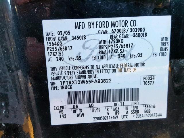 1FTRX12W65FA83822 - 2005 FORD F150 BLACK photo 10