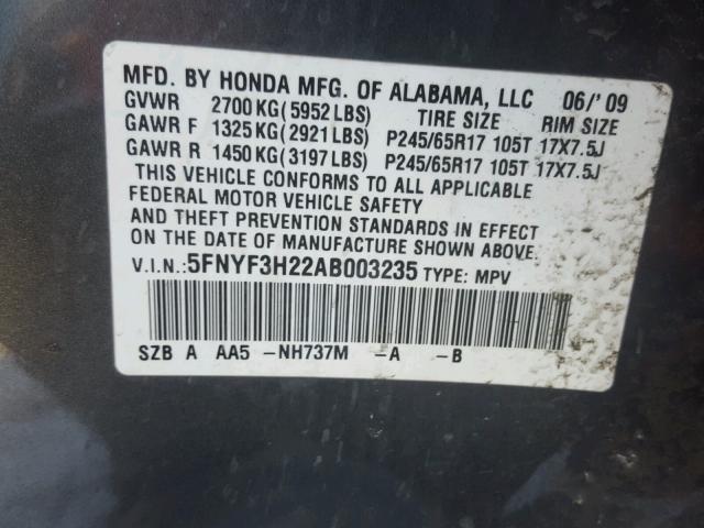 5FNYF3H22AB003235 - 2010 HONDA PILOT LX GRAY photo 10