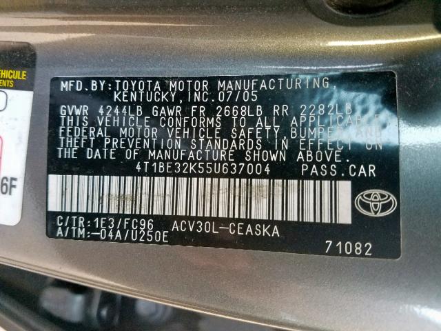 4T1BE32K55U637004 - 2005 TOYOTA CAMRY LE GRAY photo 10