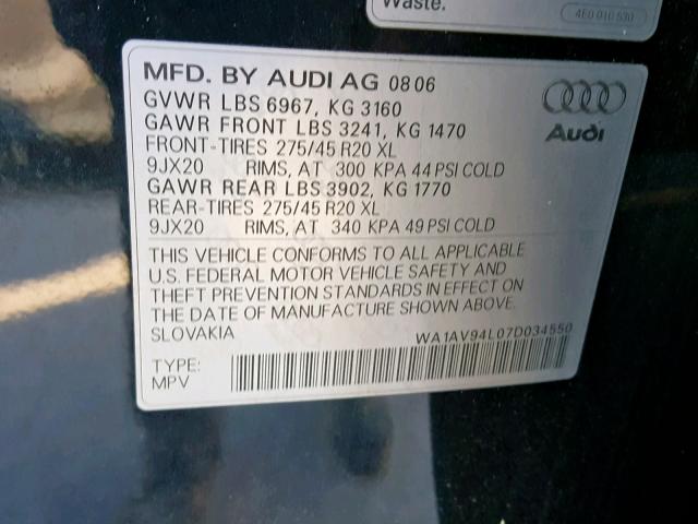 WA1AV94L07D034550 - 2007 AUDI Q7 4.2 QUA BLUE photo 10