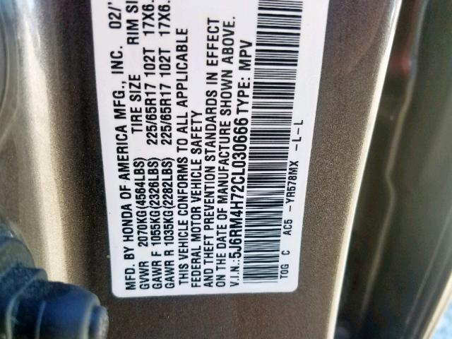 5J6RM4H72CL030666 - 2012 HONDA CR-V EXL GRAY photo 10