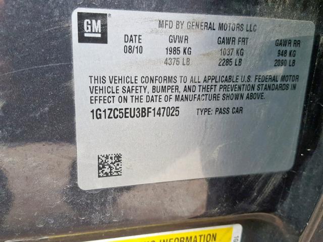 1G1ZC5EU3BF147025 - 2011 CHEVROLET MALIBU 1LT ნაცრისფერი ფოტო 10