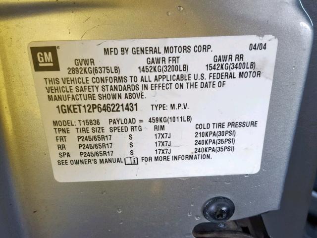 1GKET12P646221431 - 2004 GMC ENVOY XUV TAN photo 10