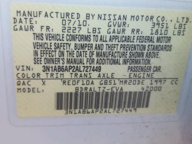 3N1AB6AP2AL727449 - 2010 NISSAN SENTRA 2.0 WHITE photo 10