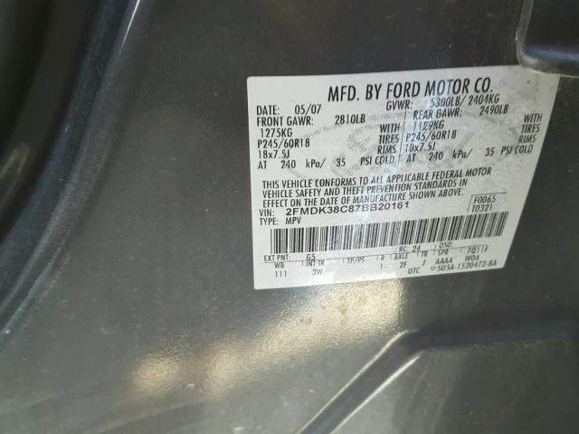 2FMDK38C87BB20161 - 2007 FORD EDGE SEL BLACK photo 10