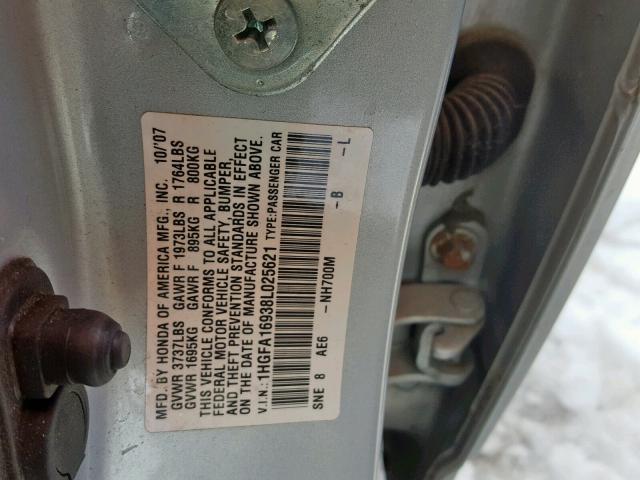 1HGFA16938L025621 - 2008 HONDA CIVIC EXL SILVER photo 10