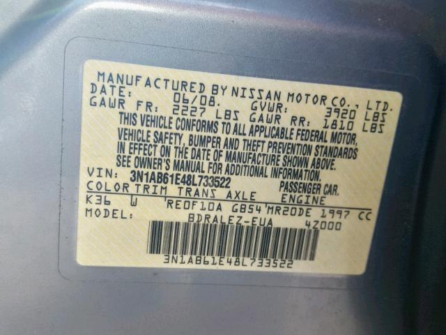 3N1AB61E48L733522 - 2008 NISSAN SENTRA 2.0 GRAY photo 10