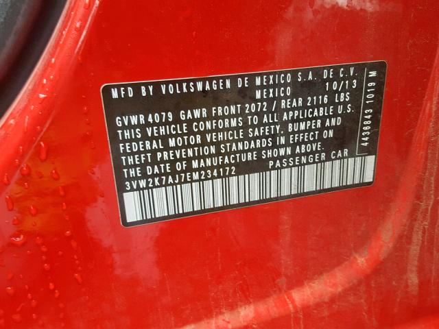 3VW2K7AJ7EM234172 - 2014 VOLKSWAGEN JETTA BASE 红色 照片 10