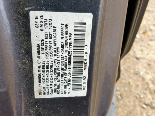 5FNRL5H31GB086425 - 2016 HONDA ODYSSEY SE CHARCOAL photo 10