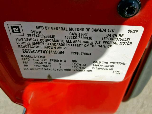 2GTEC19T4Y1115684 - 2000 GMC NEW SIERRA RED photo 10