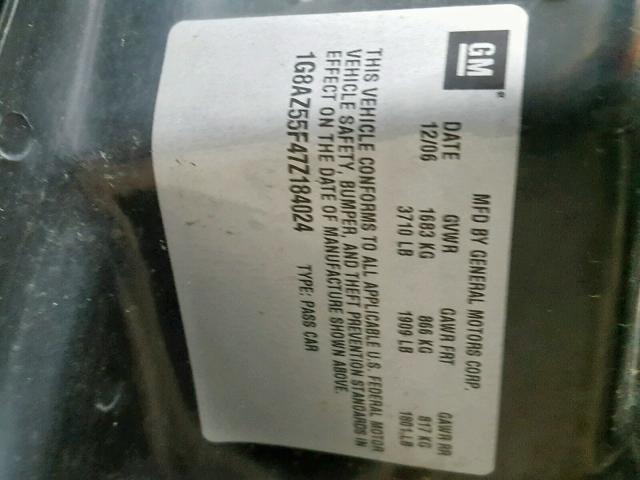 1G8AZ55F47Z184024 - 2007 SATURN ION LEVEL BLACK photo 10