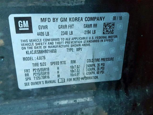 KL4CJESB8HB014650 - 2017 BUICK ENCORE PRE GRAY photo 10