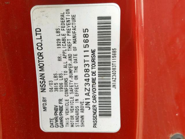 JN1AZ34D83T115685 - 2003 NISSAN 350Z COUPE RED photo 10