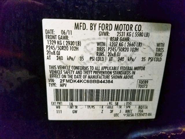 2FMDK4KC6BBB44384 - 2011 FORD EDGE LIMIT BLUE photo 10