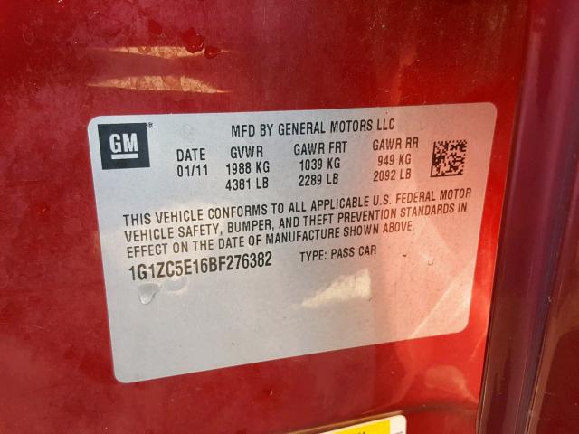 1G1ZC5E16BF276382 - 2011 CHEVROLET MALIBU 1LT 勃艮第红 照片 10