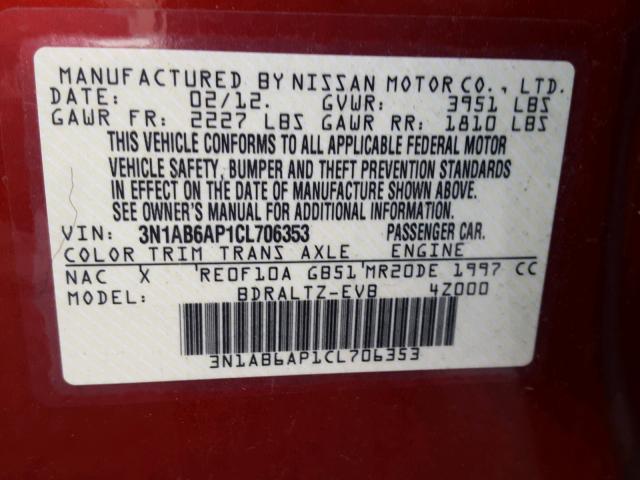 3N1AB6AP1CL706353 - 2012 NISSAN SENTRA 2.0 MAROON photo 10