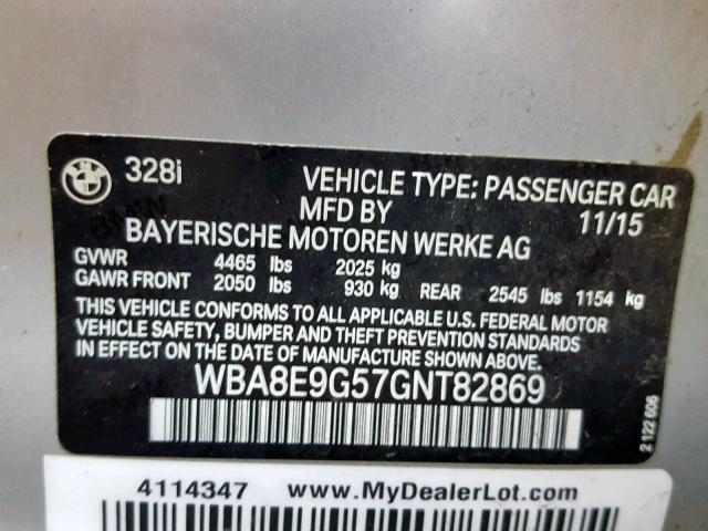 WBA8E9G57GNT82869 - 2016 BMW 328 I SULE SILVER photo 10