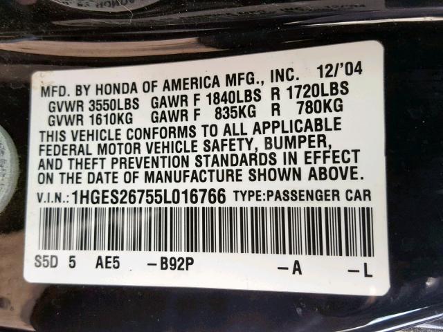 1HGES26755L016766 - 2005 HONDA CIVIC EX BLACK photo 10