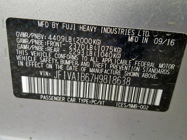 JF1VA1B67H9818638 - 2017 SUBARU WRX GRAY photo 10