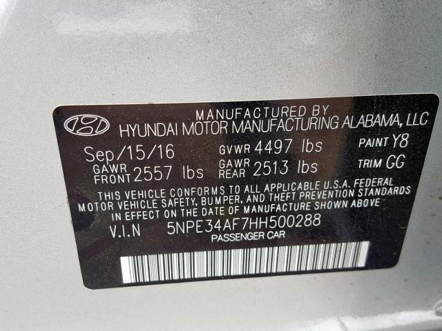 5NPE34AF7HH500288 - 2017 HYUNDAI SONATA SPO SILVER photo 10