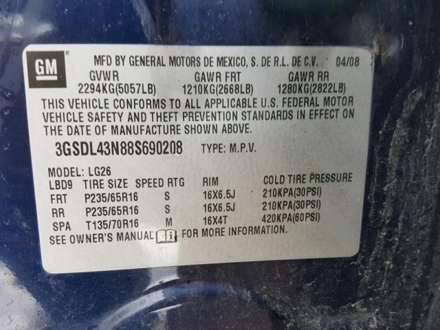 3GSDL43N88S690208 - 2008 SATURN VUE XE BLUE photo 10