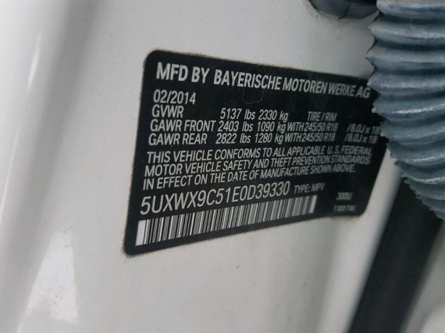 5UXWX9C51E0D39330 - 2014 BMW X3 XDRIVE2 WHITE photo 10