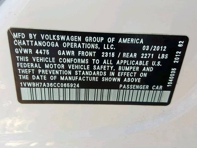 1VWBH7A36CC065924 - 2012 VOLKSWAGEN PASSAT SE WHITE photo 10