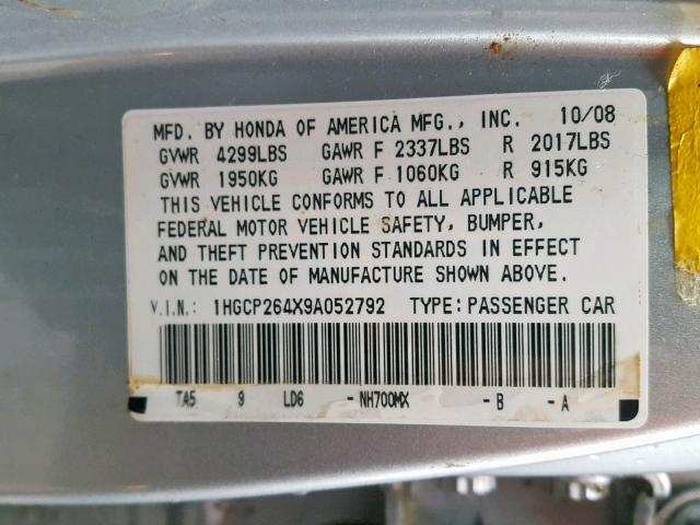 1HGCP264X9A052792 - 2009 HONDA ACCORD LXP SILVER photo 10