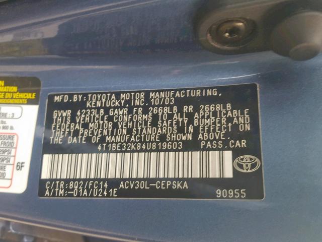 4T1BE32K84U819603 - 2004 TOYOTA CAMRY LE BLUE photo 10