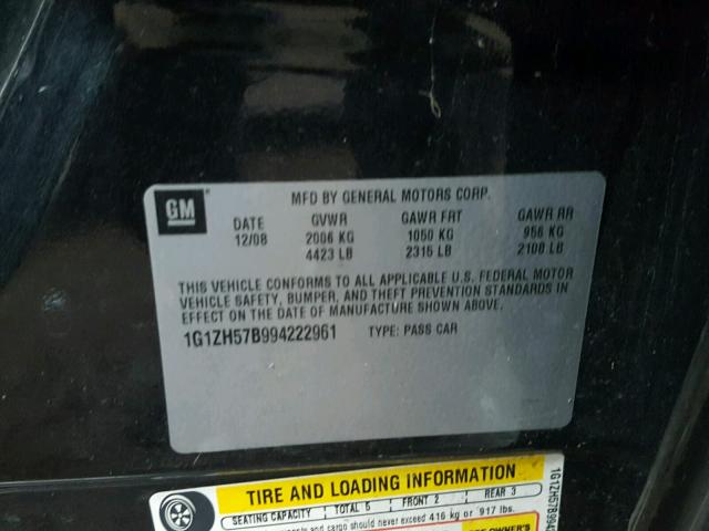 1G1ZH57B994222961 - 2009 CHEVROLET MALIBU 1LT BLACK photo 10