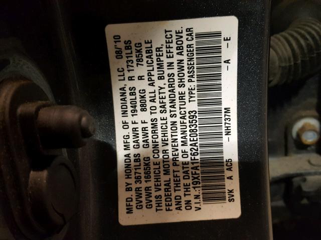 19XFA1F62AE083593 - 2010 HONDA CIVIC LX-S GRAY photo 10